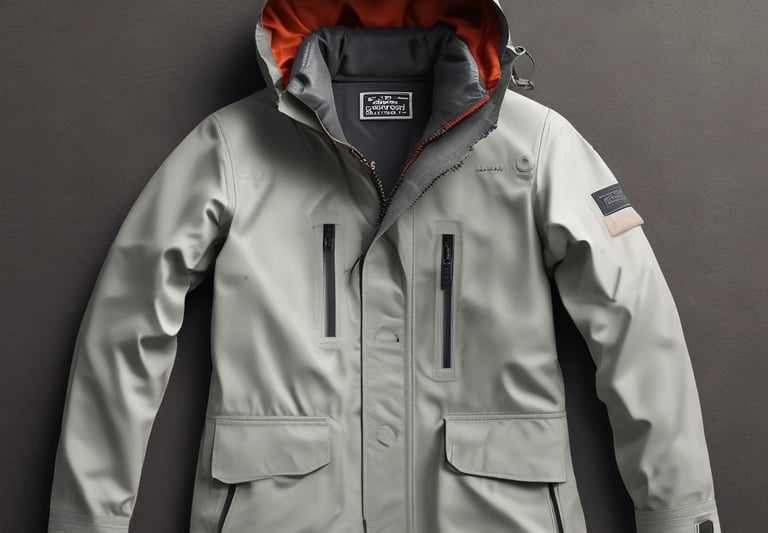 Waterproof light grey technical parka jacket with orange hood lining and multiple utility pockets.