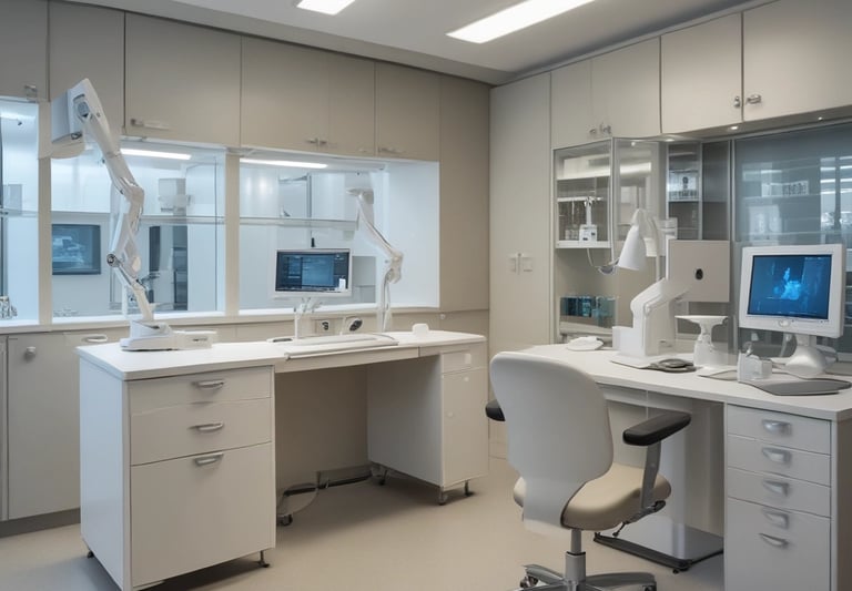 A modern dental laboratory showcasing advanced equipment and a clean workspace.