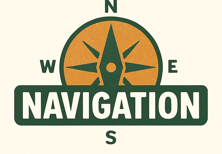 Navigation section icon with compass rose — wilderness wayfinding, orienteering, survival direction skills category banner”