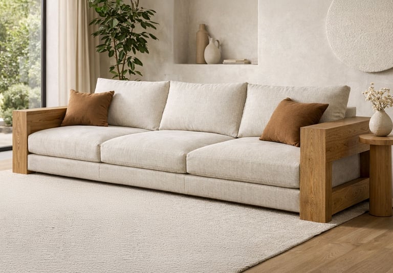 Custom sofa with wood frame details in a refined neutral living room by Solo Home Decor