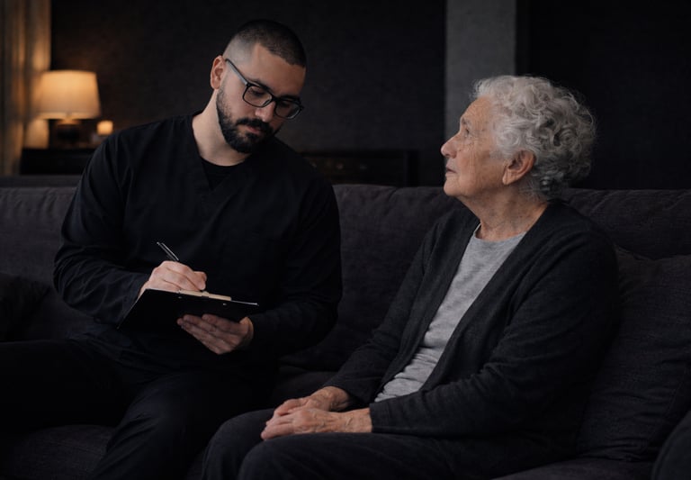 fisioterapeuta realizando avaliação e anamnese em paciente idosa na fisioterapia domiciliar