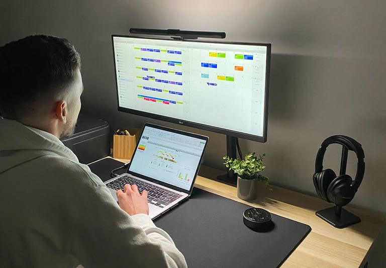 A man working at a home office desk setup with a laptop, monitor, and screen bar light.