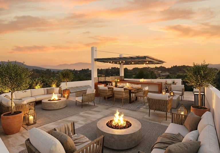 Patzcuaro Luxury rooftop patio at sunset with fire pits, outdoor lounge furniture, and dining area.