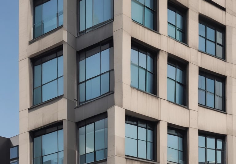 Modern apartment building with balconies and greenery around