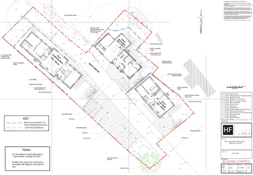 Detailed architectural site plan for a residential development featuring three barn-style housing plots.