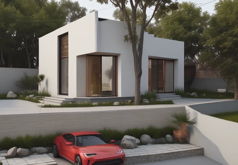 Cozy prefabricated home with large windows and a small garden, showing efficient use of space.