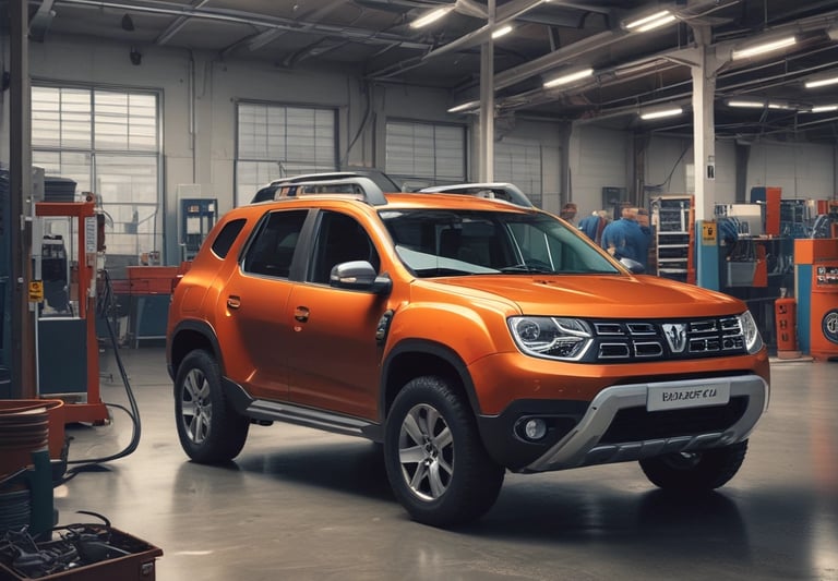 A close-up shot of various car parts neatly arranged on a workbench, showing gears, filters, and brake pads.