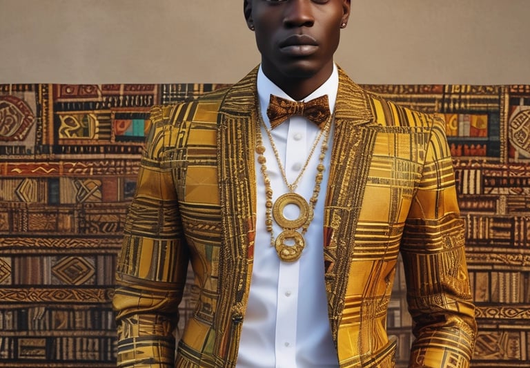 A striking portrait of a confident African man wearing a tailored kente jacket with gold accents against a deep black background.