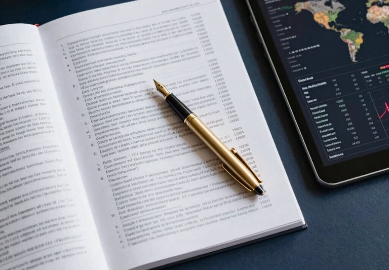 Clean, top-down view of a dark navy desk with an open analytical report, a gold fountain pen, and a digital tablet showing real estate market trends and charts. Sophisticated atmosphere, Turkish / Global setting.