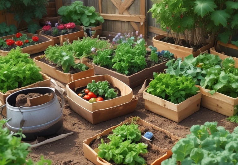 A vibrant garden bed filled with fresh vegetables, blooming flowers, and a busy honeybee collecting nectar.