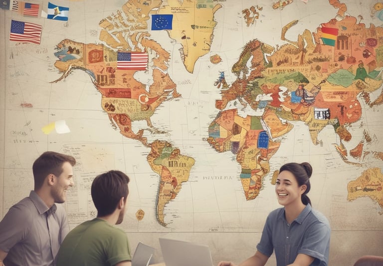 Two siblings smiling warmly in a cozy home office filled with books and cultural decorations from Spain and Latin America.