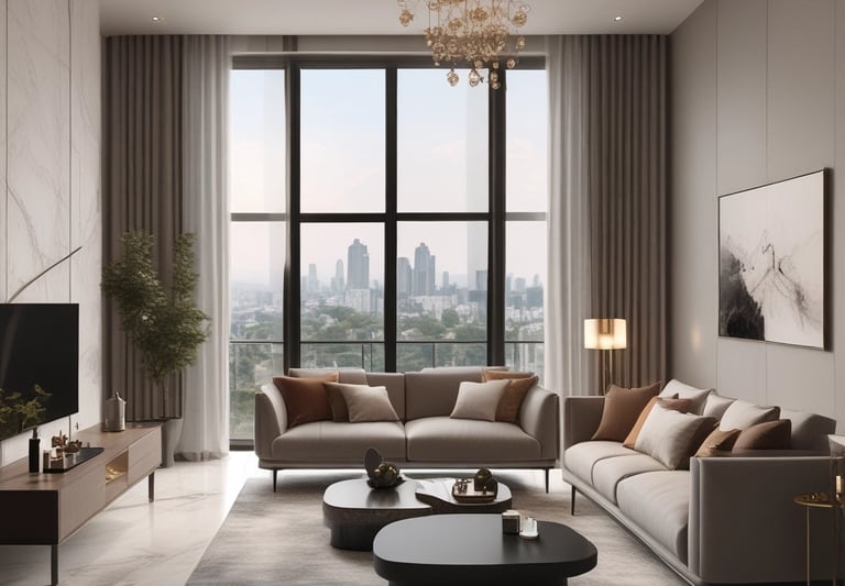 A luxurious 4 BHK residence showcasing a stylish dining area and panoramic views at Sobha Rivana.