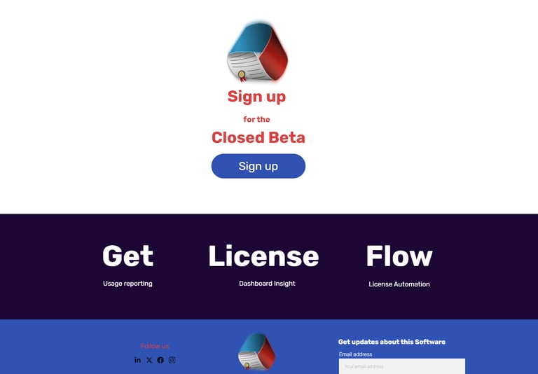 Eine Landing Page für das Beta-Signup einer Lizenz-Manager-Software genannt "License-Flow"