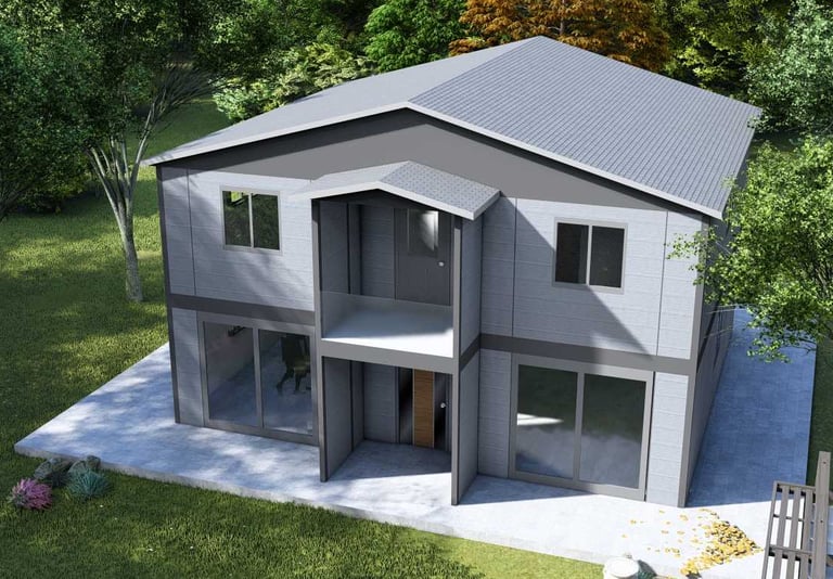 a house with a large backyard area and a deck