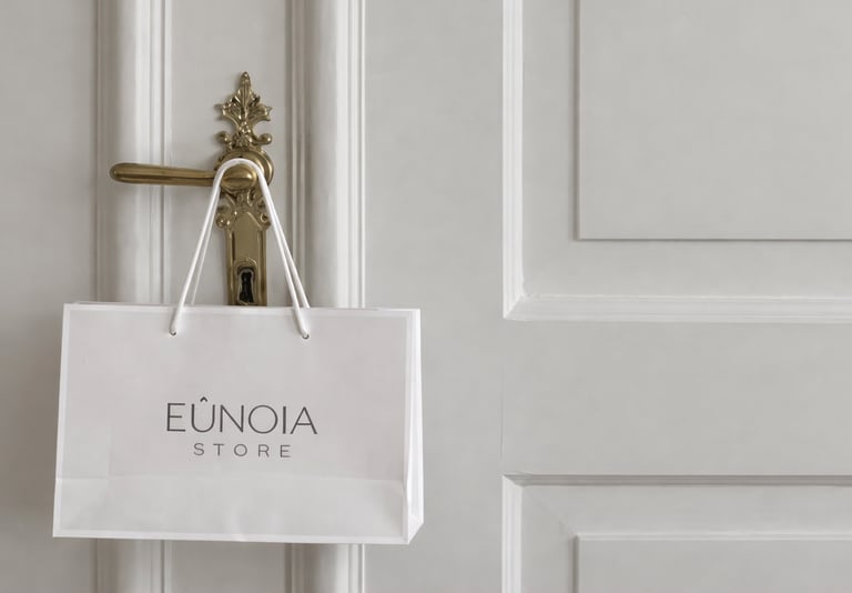 Bolsa de compras de papel de la tienda Eunoia de color blanco colgada en una puerta con paneles.