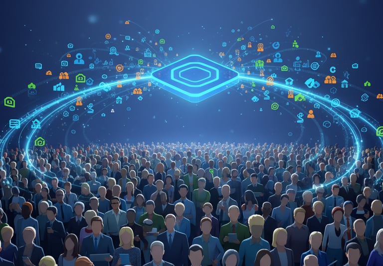 Pessoas em primeiro plano paradas na frente de uma grande aglomeração.