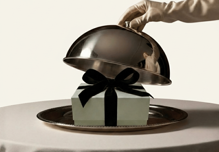 Mano enguantada levanta una campana de plata para revelar una caja de regalo de lujo con un lazo.