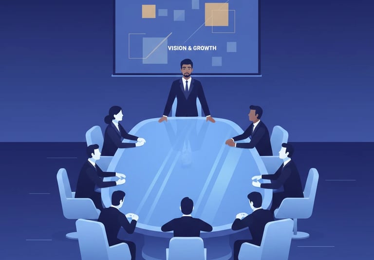 Founder demonstrating executive presence and calm leadership during investor pitch.