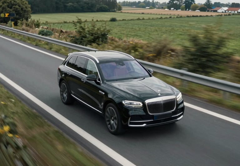 A luxury black SUV driving along a high-quality European highway through scenic landscapes, representing international transport. The shot is high-angle and cinematic, highlighting precision and safety in a Western European / Dutch context.