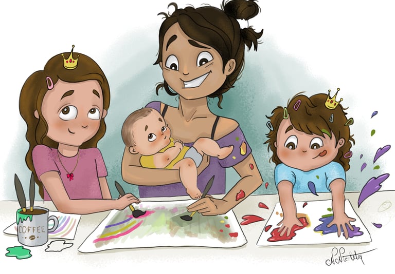 A mother holding a baby while painting and enjoying creative art time with her two young daughters.