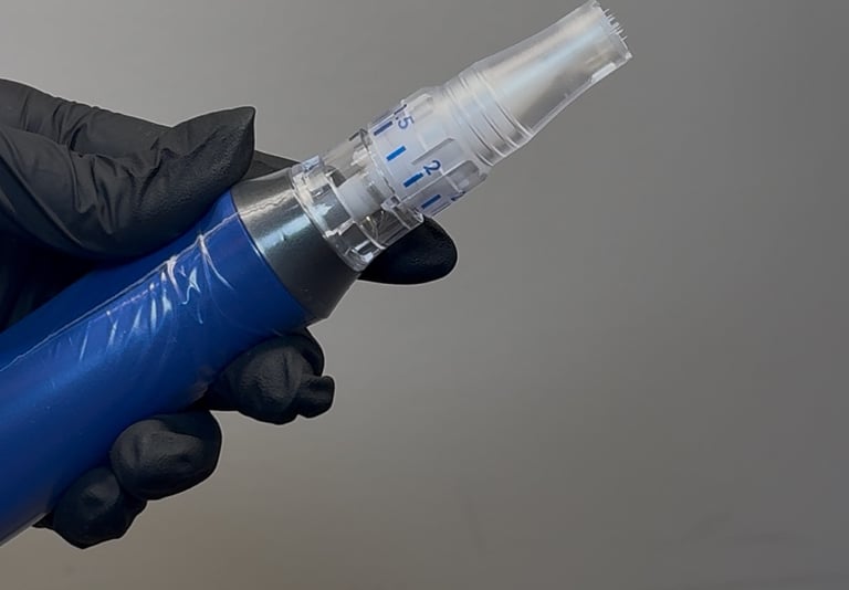Professional microneedling pen held by a gloved hand for skin rejuvenation treatment.