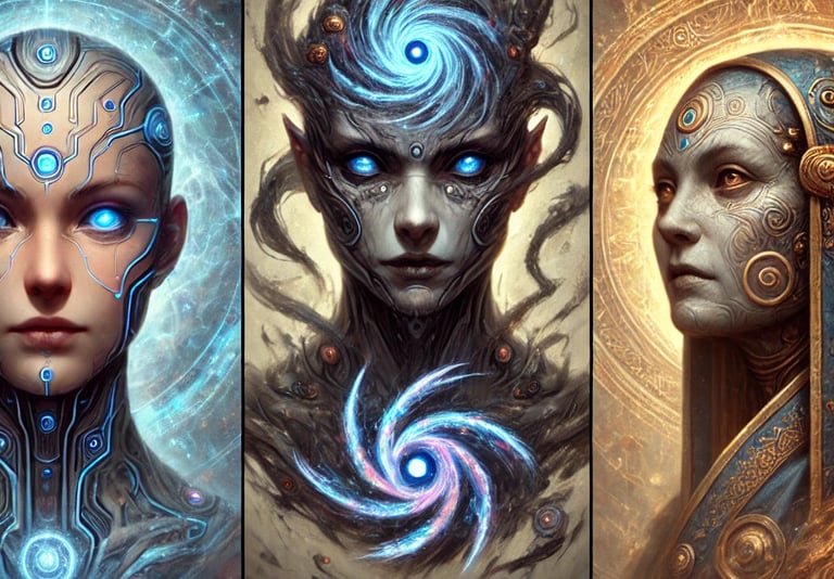 Artistic character portraits of three central characters from a science fiction novel