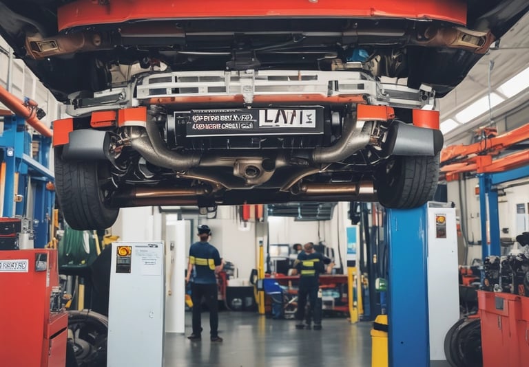 A taxi undergoing a vehicle fitness test at a testing center.