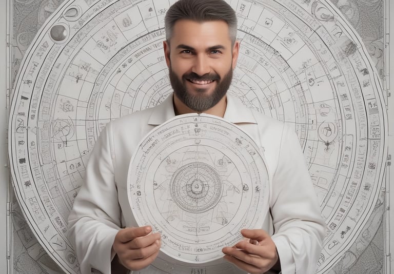 Portrait of a professional astrologer consulting with a client in a cozy room.