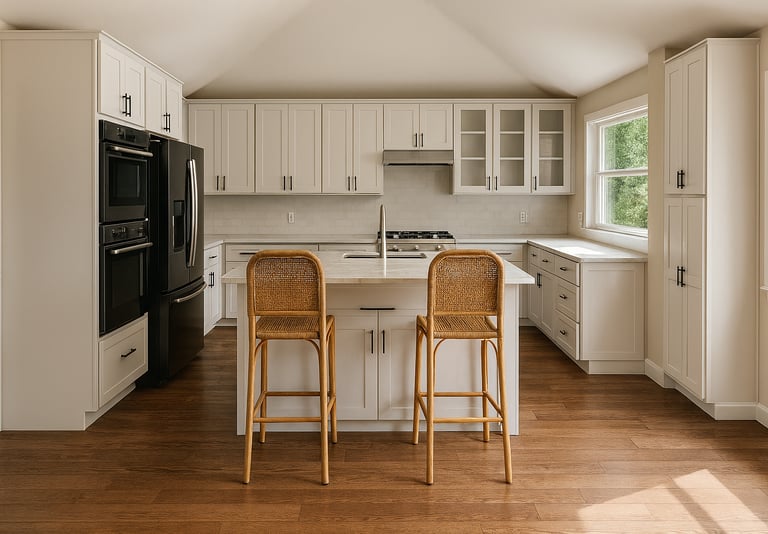 a kitchen with two chairs and a counter top