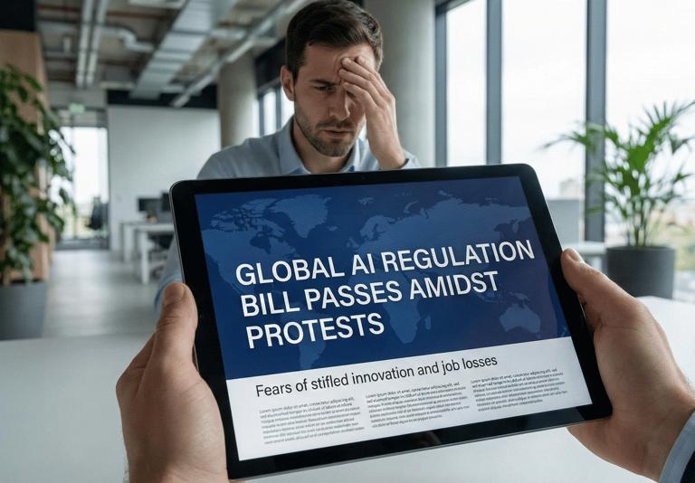 Notícia sobre regulação de IA em um tablet.