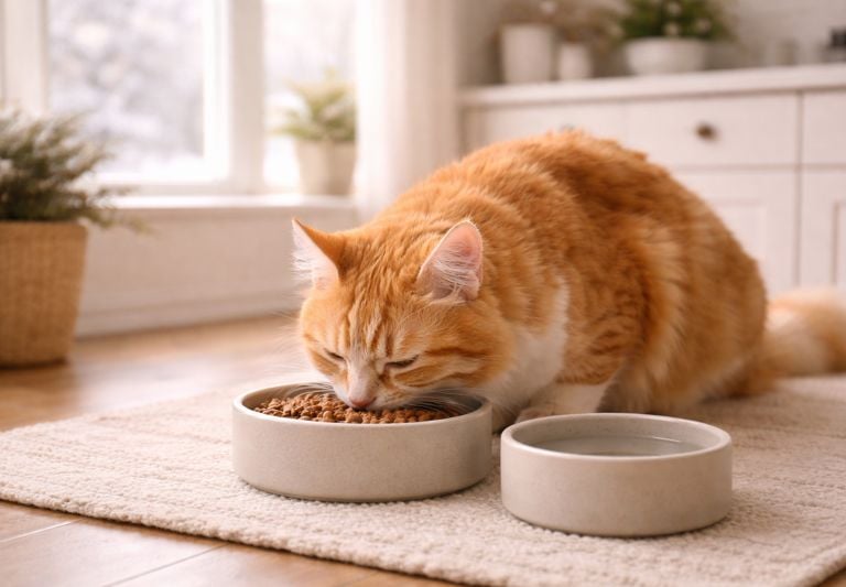 Cat following a healthy feeding routine at home in winter