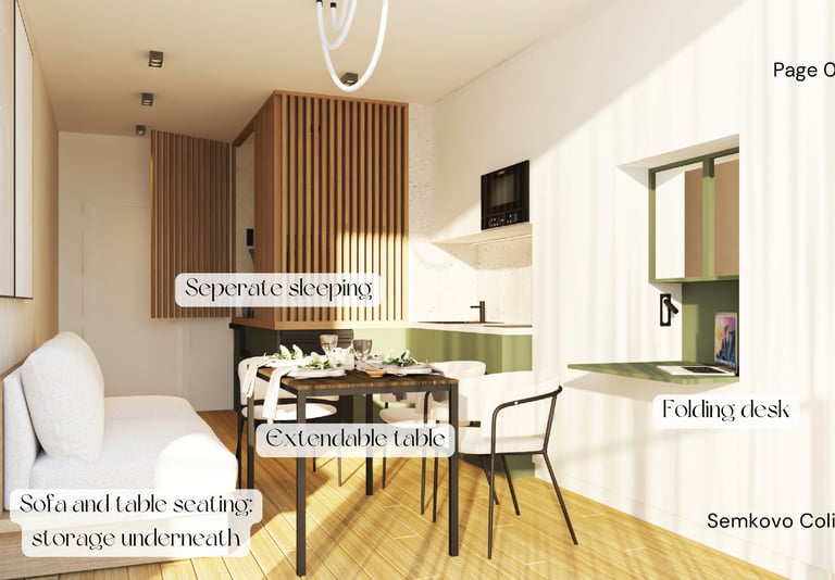 A small apartment design that includes a bed, kitchen, and stairs, emphasizing functionality in limi