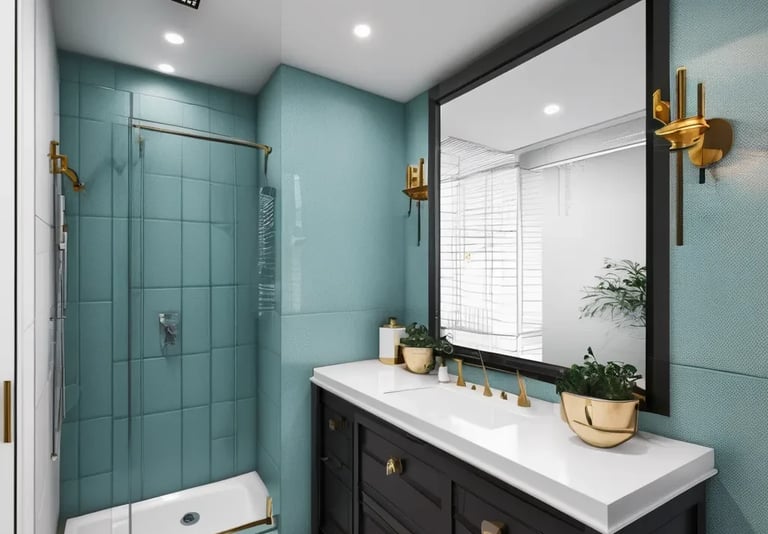 a bathroom with a large mirror and a sink