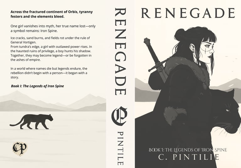 Book cover for Renegade by C. Pintilie, showing a woman in fur-lined armor beside a black panther