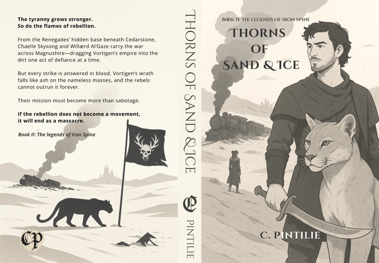 Book cover for Thorns of Sand & Ice by C. Pintilie, a man with scimitar and a desert cat
