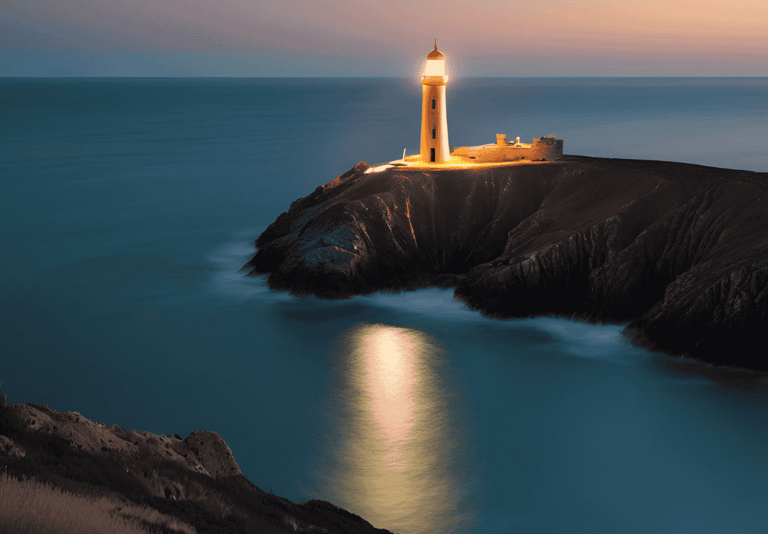 “A lighthouse on a cliff, shining a clear beam of light over a calm sea at night, symbolizing clarit
