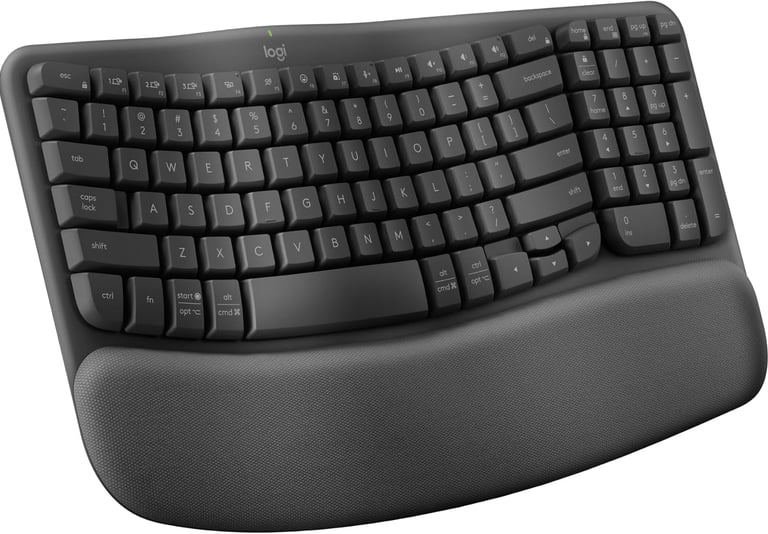 Logitech Wave Keys wireless ergonomic keyboard with a cushioned palm rest and wave-shaped design.