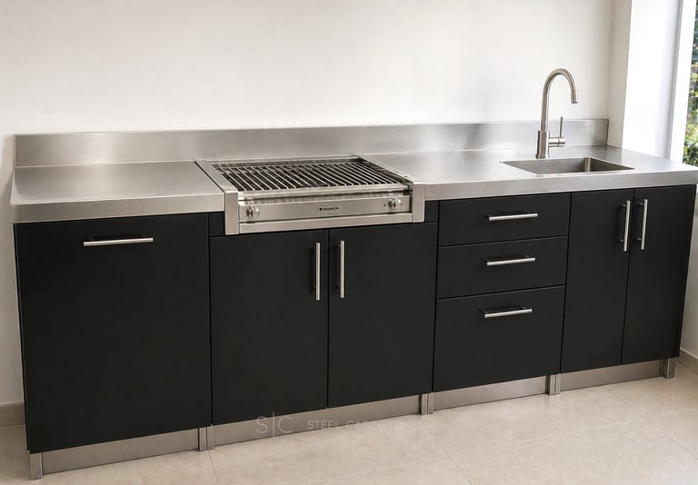 Minimalist Stainless Steel cabinetry with black powder coated doors