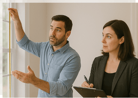 a man and woman standing in front of a window