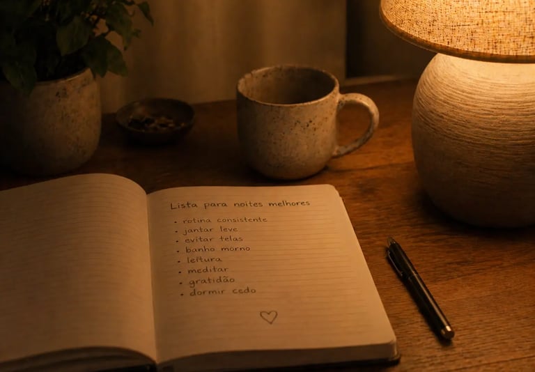 Handwritten sleep hygiene checklist in a notebook on a cozy wooden desk with a warm lamp and coffee mug.
