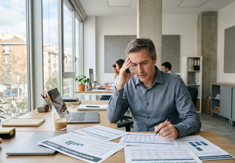 Empresario revisando resultados operativos con preocupación
