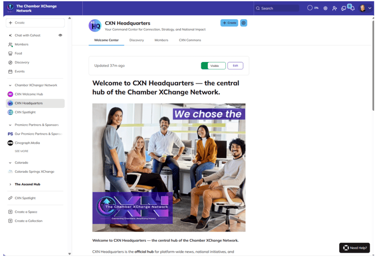 CXN Headquarters page with welcome message, team photo, and sidebar links to network hubs.