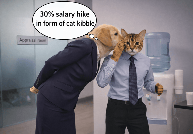 Funny office meme featuring a dog in a suit whispering a salary hike offer to a cat coworker.