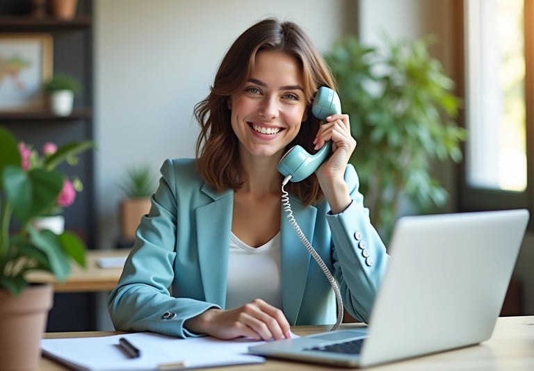 a woman in a blue blazer jacket and a laptop computer on the phone