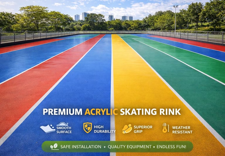 Outdoor premium acrylic skating rink with colorful non-slip surface lanes and weather resistant coating.