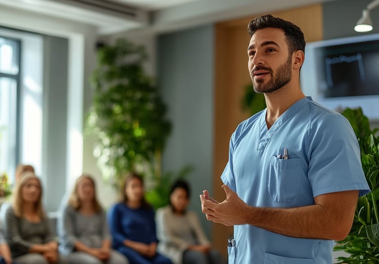 Fisioterapeuta en uniforme azul liderando taller de sostenibilidad en salud, con audiencia atenta en espacio moderno y acoged