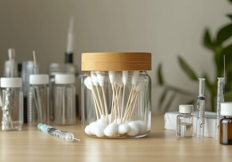 Frasco de vidrio con tapa de bambú, algodón con alcohol y herramientas médicas en un entorno profesional y sostenible