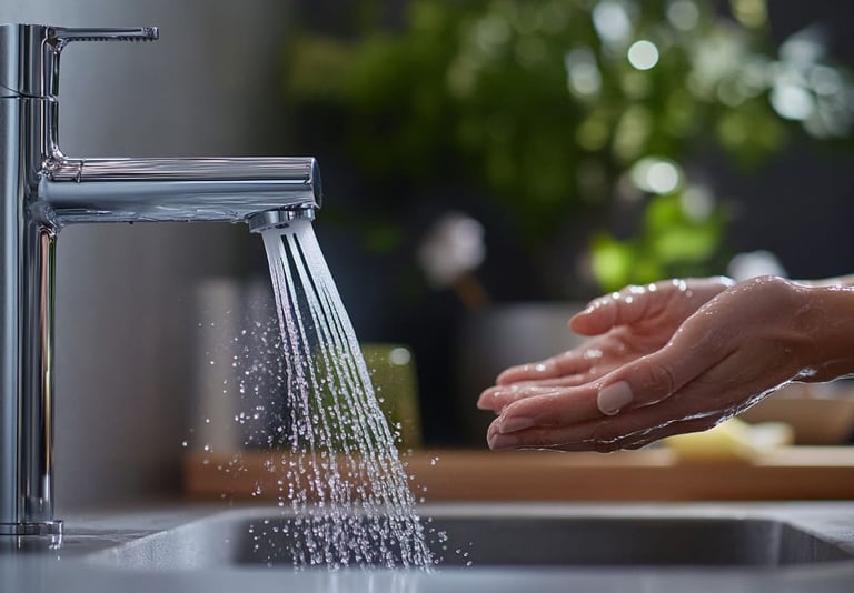 Grifo sensor de acero inoxidable liberando agua mientras una persona se lava las manos, destacando higiene y eficiencia hídri