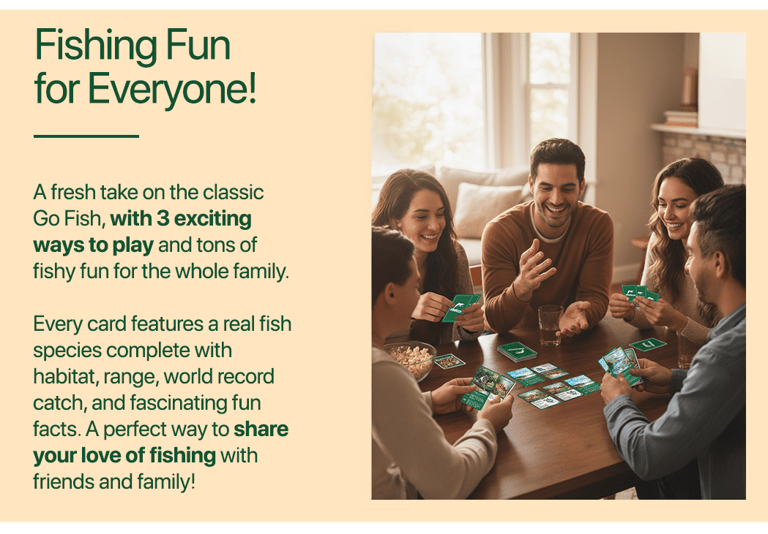 HOOKED! fishing card game with bass, trout, catfish cards – fun for all ages.