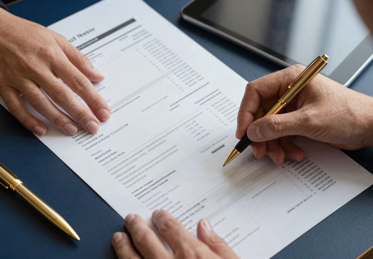 A high-angle close-up of a person's hands reviewing financial reports and a digital tablet on a deep navy surface. Elegant gold pens and accessories are visible, conveying professional financial expertise and trust.